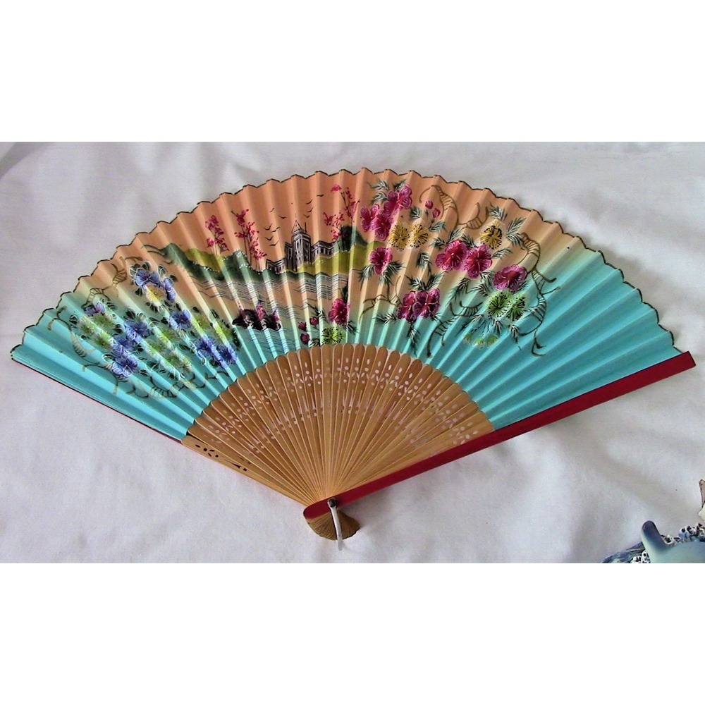 SOLD!! Vintage Japanese Folding Hand Fan painted landscape and flowers